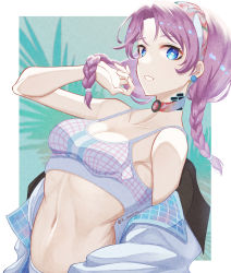 1girl absurdres arknights blue_eyes blue_poison_(arknights) bra braid breasts cleavage collarbone earrings grey_bra grin hair_intakes hand_in_own_hair highres jewelry karashino long_hair low_twintails midriff navel official_alternate_costume purple_hair small_breasts smile solo stomach twin_braids twintails underwear upper_body