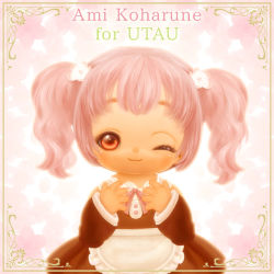 Rule 34 | 1girl, ;3, apron, character name, closed mouth, copyright name, dress, drill hair, emofuri, female focus, koharune ami, looking at viewer, moe (phrase), one eye closed, red dress, red eyes, smile, solo, souri, tareme, text focus, twin drills, twintails, utau, vocaloid, waist apron, white apron