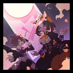 Rule 34 | 2girls, @ @, absurdres, ahoge, alternate costume, animal ears, ascot, beret, black ascot, black border, black dress, black jacket, black shorts, border, bow, bowtie, breasts, brooch, brown hair, collared shirt, crown, diffraction spikes, dress, fang, flat chest, hair over one eye, hairband, hat, highres, horse ears, jacket, jewelry, juliet sleeves, lanjiujiu, long sleeves, looking at viewer, medium breasts, meisho doto (dot-o&#039;-lantern) (umamusume), meisho doto (umamusume), mini crown, multiple girls, official alternate costume, open mouth, orange headwear, puffy sleeves, pumpkin, purple eyes, purple vest, ring, shirt, short hair, shorts, sweatdrop, t.m. opera o (umamusume), umamusume, vest, white ascot, white shirt, wings