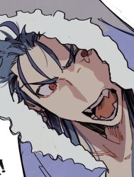 1boy blue_hair blue_hood cu_chulainn_(caster)_(fate) cu_chulainn_(fate) dutch_angle fangs fate/grand_order fate_(series) fur-trimmed_hood fur_trim hood hood_up jooojooo_oo looking_to_the_side male_focus open_mouth red_eyes sideways_glance solo tearing_up teeth tongue white_background white_fur