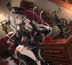 Rule 34 | 1girl, bare shoulders, black dress, blush, dress, frilled dress, frills, gothic lolita, grey hair, hat, head wings, indoors, kakao rantan, lolita fashion, long hair, long sleeves, looking at viewer, mini hat, original, phone, red eyes, sitting, solo, twintails, wide sleeves, wings