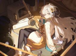 Rule 34 | 1girl, black pantyhose, blunt bangs, boots, cropped jacket, dress, flower, flower ornament, grey hair, hair flower, hair ornament, highres, isekaijoucho, jacket, kamitsubaki studio, legs together, light smile, long hair, microphone, multicolored hair, official alternate costume, pantyhose, record, short dress, sidelocks, sitting, solo, sunflower, sunflower hair ornament, sweater, turtleneck, turtleneck sweater, two-tone dress, usagi (usagiusgi628), white boots, white dress, white hair, yellow dress