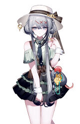 1girl bare_shoulders grey_eyes grey_hair hat highres long_hair looking_at_viewer original sheya simple_background solo