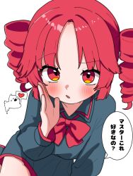 1girl alternate_costume blush bow bowtie drill_hair grey_shirt grey_skirt hand_up haru_maron highres kasane_teto kasane_teto_(utau) long_sleeves looking_at_viewer parted_bangs red_bow red_bowtie red_eyes red_hair school_uniform shirt simple_background skirt solo speech_bubble translation_request twin_drills utau white_background