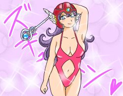 Rule 34 | 1girl, arm behind head, arm up, armpits, artist name, blue eyes, breasts, cleavage, clothing cutout, dragon quest, dragon quest iii, heart, highres, legs, long hair, looking at viewer, navel, navel cutout, one-piece swimsuit, purple hair, sideboob, smile, solo, source request, square enix, staff, swimsuit, thighs, warrior (dq3)