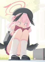Rule 34 | &lt;|&gt; &lt;|&gt;, 1girl, absurdres, bare shoulders, black hat, black shirt, black shoes, black wings, blue archive, book, feathered wings, full body, halo, hat, head wings, highres, holding, holding book, koharu (blue archive), long hair, long sleeves, loose socks, low wings, miniskirt, open mouth, panties, pantyshot, pink eyes, pink hair, pink halo, pink skirt, pleated skirt, pornography, shirt, shoes, skirt, slit pupils, socks, solo, squatting, tenroy, twintails, underwear, white panties, white socks, wings