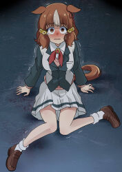 1girl absurdres animal_ears belno_light_(umamusume) black_jacket bow brown_hair brown_shoes commentary constricted_pupils dress_shirt ear_ribbon ears_down empty_eyes frown full_body hair_ornament highres horse_ears horse_girl horse_tail horseshoe_ornament jacket kasamatsu_tracen_school_uniform letter_hair_ornament loafers long_sleeves looking_at_viewer miniskirt multicolored_hair multicolored_jacket neck_ribbon on_ground open_mouth pink_sweater pleated_skirt red_ribbon ribbon scared school_uniform shirt shoes short_hair sitting skirt socks solo sweater tail tearing_up trembling two-tone_hair two-tone_jacket umamusume umamusume:_cinderella_gray wakku_kan wariza white_hair white_jacket white_shirt white_skirt white_socks wing_collar