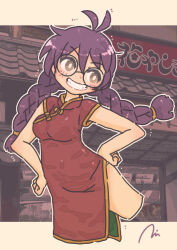 1girl antenna_hair braid china_dress chinese_clothes dress grin hands_on_own_hips highres ikezworks long_hair purple_hair red_dress ri_kouran round_eyewear sakura_taisen short_sleeves side_slit signature smile solo thighs twin_braids