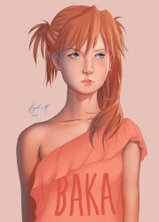 10s 1girl 2015 blue_eyes clothes_writing dated female_focus gainax hayden_mackenzie haydenm highres looking_away neon_genesis_evangelion off_shoulder realistic red_hair signature simple_background solo souryuu_asuka_langley