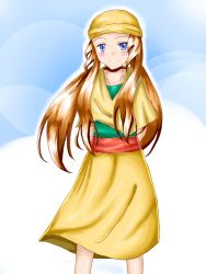 1girl arms_behind_back bandana blue_eyes blush brown_hair collarbone dress feet_out_of_frame kousuke_(ko_suke) long_hair looking_at_viewer melody_(pokemon) nintendo pokemon pokemon_(anime) pokemon_(classic_anime) pokemon_the_movie_2000:_the_power_of_one short_sleeves simple_background smile standing yellow_bandana yellow_dress