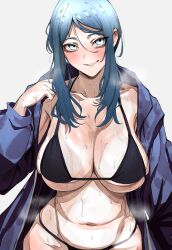 1girl bari_(project_moon) bikini black_bikini blue_eyes blue_hair blush breasts cleavage grin highres large_breasts library_of_ruina limbus_company looking_at_viewer navel nb8c project_moon simple_background smile solo sweat swimsuit white_background