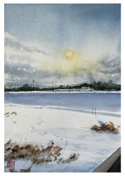 absurdres blue_sky cloud cloudy_sky field highres landscape morning no_humans original painting_(medium) road sazanka_352 scenery sky snow sunrise traditional_media watercolor_(medium)