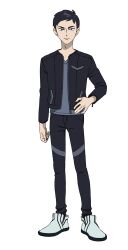 1boy black_eyes black_hair black_jacket black_pants clenched_hand full_body grey_shirt gundam gundam_gquuuuuux hand_on_own_hip highres jacket looking_at_viewer male_focus nabu_(gundam) official_art pants shirt shoes short_hair simple_background sneakers solo standing transparent_background v-neck