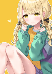 Rule 34 | 1girl, black bow, bow, braid, closed mouth, fujita kotone, gakuen idolmaster, green jacket, hair bow, hair ornament, hairclip, heart, idolmaster, jacket, knees together feet apart, legs, light blush, long hair, long sleeves, looking at viewer, purple skirt, shirt, simple background, skirt, sleeves past wrists, solo, thighhighs, thighs, twin braids, uchuuneko, yellow background, yellow eyes, yellow shirt