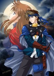 1boy 1girl bandana black_hair blonde_hair blue_eyes cape colored_bangs flik_(suikoden) gensou_suikoden gensou_suikoden_i gloves kedo_mitsuharu long_hair odessa_silverberg orange_hair pants sword weapon