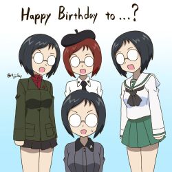 Rule 34 | 10 ji lay, 4girls, anzio school uniform, beret, black hair, black hat, black necktie, black scarf, black skirt, blue background, brown hair, collared shirt, girls und panzer, gradient background, green jacket, grey shirt, happy birthday, hat, jacket, katsuya megu, kuromorimine military uniform, kuromorimine school uniform, long sleeves, look-alike, miniskirt, multiple girls, necktie, ooarai school uniform, pravda school uniform, red shirt, round eyewear, scarf, school uniform, serafuku, shirt, short hair, signature, skirt, sweat, white serafuku, white shirt