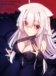 1girl bare_shoulders between_breasts blue_dress blush breasts bridal_gauntlets cleavage closed_mouth collarbone commentary_request criss-cross_halter dress eyes_visible_through_hair glint grey_hair hair_between_eyes halterneck hand_up highres large_breasts long_hair looking_at_viewer murasame_shia original red_background red_eyes signature smile solo very_long_hair watermark