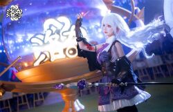 Rule 34 | 1girl, ahoge, breasts, cosplay, fingerless gloves, gloves, grey hair, mabinogi, pantyhose, purple ribbon, real life, ribbon, rowan (mabinogi), sleeveless, small breasts, wand