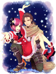 arm_up armor bad_tag black_ribbon boots brown_eyes brown_hair dress facial_hair fur-trimmed_boots fur-trimmed_dress fur-trimmed_sleeves fur_trim green_eyes hair_ribbon high_heels hosokawa_gracia legs lifting_person ponytail red_boots red_hair ribbon saika_magoichi santa_costume santa_dress sengoku_musou shawl smile star_(symbol) stubble