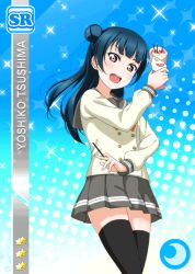 Rule 34 | 1girl, :d, anime coloring, black socks, black thighhighs, blue background, blue hair, blush, bow, bowtie, buttons, card (medium), cowboy shot, cream, crepe, diamond (shape), double-breasted, food, fruit, grey sailor collar, grey skirt, hair bun, hand up, holding, holding crepe, holding food, long hair, long sleeves, looking at viewer, love live!, love live! school idol festival, love live! sunshine!!, miniskirt, official art, open mouth, pleated skirt, pocky, purple eyes, sailor collar, school uniform, serafuku, shirt, single hair bun, single side bun, skirt, smile, socks, solo, standing, star (symbol), strawberry, teeth, thighhighs, tsushima yoshiko, upper teeth only, uranohoshi school uniform, white shirt, winter uniform, yellow bow, yellow bowtie