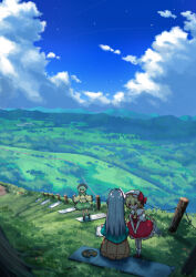 3girls aqua_shirt ascot black_hat blonde_hair blue_sky blush boots bow cloud commentary crystal crystal_wings daia_(daia9132) day easel eyeball flandre_scarlet frilled_shirt_collar frilled_skirt frilled_sleeves frills green_eyes green_hair green_skirt hat hat_bow hata_no_kokoro highres komeiji_koishi long_hair long_sleeves mary_janes mask mask_on_head mob_cap multicolored_wings multiple_girls open_mouth orange_skirt outdoors red_bow red_eyes red_shoes red_skirt red_vest scenery shirt shoes skirt skirt_set sky smile socks third_eye touhou very_long_hair vest white_hat white_socks wide_sleeves wings yellow_ascot yellow_shirt