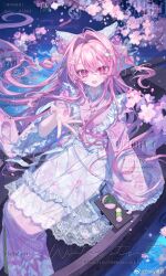 1girl animal_ears apron boat boky_baogan bow braid cherry_blossoms dango flower food frilled_kimono frills hair_intakes hair_ornament highres japanese_clothes kimono long_hair long_sleeves looking_at_viewer open_mouth original pink_eyes pink_hair pink_kimono smile solo wagashi watercraft wide_sleeves