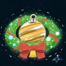 Rule 34 | 1other, artist name, astronaut, bell, christmas, christmas wreath, commentary, constellation, helmet, highres, in orbit, kazunoko (kazunoko zunoco), original, other focus, planet, radio antenna, red ribbon, ribbon, saturn (planet), signature, sitting, solo, space, space helmet, spacesuit, sparkle, star (sky), star (symbol), wreath