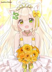 1girl :d ahoge animal_ear_fluff animal_ears artist_name blush bouquet bow braid cat_ears cat_girl collarbone commentary_request cowboy_shot dress elbow_gloves fish_hair_ornament flower gloves green_eyes hair_bow hair_ornament hazakura_hinata heterochromia highres holding holding_bouquet kurumi_(hazakura_hinata) looking_at_viewer open_mouth original smile solo translation_request twin_braids wedding_dress white_dress white_gloves yellow_bow yellow_eyes yellow_flower