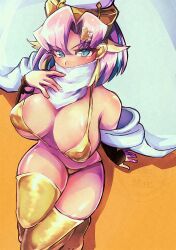 1girl absurdres alternate_costume areola_slip bare_shoulders bikini breasts cape cleavage duel_monster gold_bikini gold_thighhighs green_eyes hair_ornament highres large_breasts long_hair mamama_(mamama_open) mouth_veil pink_hair solo swimsuit vanquish_soul_holy_sue veil yu-gi-oh!