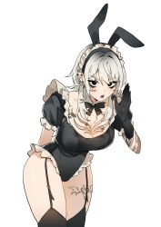 Rule 34 | 1girl, absurdres, animal ear hairband, animal ears, arm tattoo, black eyes, black garter straps, black gloves, black hairband, black leotard, black ribbon, black thighhighs, breasts, chest tattoo, cleavage, collar, commentary, cowboy shot, detached collar, ear piercing, earrings, english commentary, face piercing, fake animal ears, frilled hairband, frilled leotard, frills, garter straps, gloves, gradient hair, grey hair, hair between eyes, hairband, hand up, highres, jewelry, jyuri (shouz), labret piercing, large breasts, leaning forward, leg tattoo, leotard, looking at viewer, maid, medium hair, multicolored hair, multiple piercings, multiple tattoos, nontraditional playboy bunny, open mouth, original, piercing, rabbit ear hairband, rabbit ears, ribbon, short sleeves, shouz, simple background, sleeved leotard, solo, stud earrings, tattoo, thighhighs, unconventional maid, white background, white collar