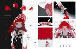 1girl black_background black_dress black_nails commission dress english_text fang fingernails food fruit grey_eyes hat highres holding holding_knife izumi_087 knife long_hair looking_at_viewer medium_hair multiple_views open_mouth original own_hands_together pomegranate profile red_hair red_hat reflection skin_fang smile solo watermark white_background