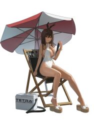 Rule 34 | 1girl, absurdres, animal ears, anklet, arm support, bare shoulders, beach umbrella, bracelet, breast press, breasts, brown hair, chair, cleavage, closed mouth, cooler, dark-skinned female, dark skin, deck chair, fake animal ears, folding chair, goddess of victory: nikke, hair between eyes, hallo (rltkdydrltk), halterneck, highres, holding, holding tablet pc, jewelry, large breasts, long hair, looking at viewer, noir (nikke), one-piece swimsuit, platform sandals, rabbit ears, sandals, sitting, smile, solo, swimsuit, tablet pc, umbrella, very long hair, white background, white one-piece swimsuit, yellow eyes