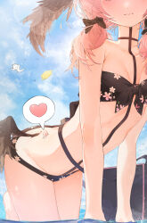 1boy 1girl absurdres all_fours arched_back armpit_crease bare_arms bare_shoulders bikini black_bag black_bikini black_bow black_wings blue_archive blue_sky bow breasts chocosong closed_mouth collarbone doodle_sensei_(blue_archive) feathered_wings floral_print_bikini front-tie_bikini_top front-tie_top groin hair_bow hair_over_shoulder head_out_of_frame head_wings heart highres huge_filesize koharu_(blue_archive) koharu_(swimsuit)_(blue_archive) loli low_wings official_alternate_costume sensei_(blue_archive) sky small_breasts snail solo_focus strapless strapless_bikini swimsuit water wet wings