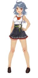 1girl :d bandaid bandaid_on_leg black_shoes black_skirt blue_hair blush breasts full_body hand_on_own_hip highres kureha_daigo kuro_chairo_no_neko looking_at_viewer official_art onsen_musume open_mouth pleated_skirt red_eyes sailor_collar shirt shoes simple_background skirt sleeveless sleeveless_shirt smile solo standing tan transparent_background white_sailor_collar white_shirt