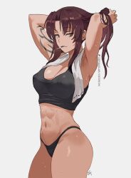 1girl abs adjusting_hair arm_tattoo arms_up black_lagoon black_panties black_tank_top breasts brown_eyes cigarette commentary cowboy_shot curtained_hair highres holding holding_cigarette large_breasts long_hair looking_at_viewer mouth_hold navel no_pants panties parted_bangs patreon_logo patreon_username red_hair revy_(black_lagoon) simple_background solo tank_top tattoo towel towel_around_neck underwear zefrableu