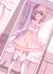 1boy belt blue_eyes blush brown_hair chinomaron crossdressing full-length_mirror highres indoors long_sleeves looking_at_mirror looking_at_self mirror original pink_skirt pov reflection school_uniform serafuku shirt short_hair skirt solo suspender_skirt suspenders thighhighs thighs trap white_shirt white_sleeves white_thighhighs