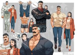 1boy 1girl abs belt black_bag black_hair black_jacket blue_eyes bluesky_username border brown_belt brown_shoes bulge buttons coat collared_shirt commentary crossed_arms debbie_grayson facial_hair grey_background hands_in_pockets highres husband_and_wife invincible_(series) jacket knees label looking_at_viewer male_underwear motion_lines multiple_views muscular muscular_male mustache negan_smith nolan_grayson open_clothes open_coat outside_border pants pants_on_head pectoral_cleavage pectorals shirt shoes short_hair short_sleeves speech_bubble standing symbol-only_commentary the_walking_dead thought_bubble tobo_katsuo undercut underwear white_border yellow_shirt