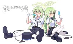 2girls :d artist_collaboration bare_arms belt black_boots black_ribbon black_shorts black_skirt blue_archive blush boots commentary_request demon_tail fang food gloves green_hair green_halo hair_between_eyes halo hat highres hikari_(blue_archive) long_hair looking_at_viewer multiple_girls neck_ribbon nozomi_(blue_archive) nuurise2023 open_mouth pantyhose pantyhose_under_shorts pointy_ears popsicle ribbon shirt short_shorts short_sleeves shorts simple_background sitting skin_fang skirt smile tail twintails undone_neck_ribbon unworn_hat unworn_headwear very_long_hair white_background white_gloves white_pantyhose white_shirt yellow_eyes yoku_soy