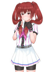 1girl agatsuma_sora aoi_hito belt belt_buckle black_gloves black_shorts black_undershirt buckle cinderella_series closed_mouth cowboy_shot fingerless_gloves gloves hachigatsu_no_cinderella_nine holding holding_own_hair long_hair miniskirt neckerchief paid_reward_available pink_neckerchief pleated_skirt red_eyes red_hair sailor_collar satogahama_baseball_uniform shirt shirt_under_shirt short_sleeves shorts shorts_under_skirt simple_background skirt solo standing striped_belt striped_clothes striped_shirt twintails white_background white_sailor_collar white_shirt wristband
