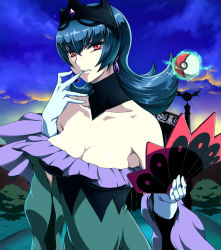 10s 1girl bare_shoulders bellelba_(pokemon) biting blue_hair breasts cleavage cloud dark_clouds dress earrings female_focus flipped_hair fujimaru_(kinakomucch) gloves gym_leader hand_fan jewelry josei_nyoshou long_hair looking_at_viewer nintendo poke_ball poke_ball_(basic) pokemon pokemon_bw2 pokestar_studios pokewood red_eyes sabrina_(pokemon) shiratama_(xsrtmx) solo telekinesis tiara white_gloves wide_sleeves