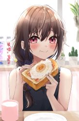 1girl absurdres bacon bare_shoulders black_tank_top blurry blurry_background blush braid braided_ponytail bread bread_slice breakfast breasts brown_hair cactus cup eating egg_(food) fang fang_out fingernails food fried_egg fried_egg_on_toast furrowed_brow hair_between_eyes highres holding holding_food light_rays long_hair looking_at_viewer low_ponytail milk mug original pepper_(spice) plant plate ponytail potted_plant raised_eyebrows red_eyes ringomaru sidelocks skin_fang small_breasts solo sunny_side_up_egg table tank_top toast upper_body wavy_mouth window