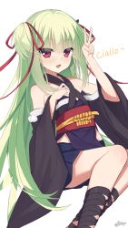 1girl :d absurdres arm_up bare_shoulders black_sleeves blue_skirt blush detached_sleeves feet_out_of_frame green_hair hair_ribbon highres hui_yu_yu_yu_ye long_sleeves murasame_(senren) obi open_mouth pleated_skirt red_eyes red_ribbon ribbon sash senren_banka simple_background skirt smile solo translation_request twitter_username two_side_up v white_background wide_sleeves