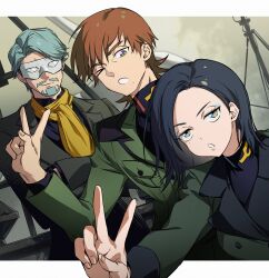 1girl 2boys brown_hair challia_bull comoli_harcourt facial_hair facing_viewer gradient_eyes green_eyes green_hair green_jacket gundam gundam_gquuuuuux highres jacket jonburrrr long_sleeves looking_at_viewer mask military_rank_insignia military_uniform mole mole_under_eye mole_under_mouth multicolored_eyes multiple_boys mustache open_mouth short_hair smile v xavier_olivette