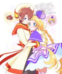 Rule 34 | 1boy, 1girl, arms around waist, back bow, belt, belt buckle, beret, black belt, black shirt, blonde hair, blue eyes, blush, bow, bow earrings, bowtie, braid, bright pupils, brown hair, buckle, capelet, closed mouth, commentary request, cowboy shot, cure friendy, deerstalker, downturned eyes, dress, dress bow, earrings, eyelashes, flustered, flying sweatdrops, frilled headwear, full-face blush, gold buckle, grey pants, hair between eyes, hair bow, happy, hat, hat ornament, head only, heads together, heart, heart background, heart hat ornament, height difference, hetero, highres, hug, inukai iroha, jewelry, layered sleeves, light blush, long hair, long sleeves, looking at viewer, low twin braids, magical boy, magical girl, mini hat, miniskirt, open mouth, orange bow, orange sailor collar, orange sleeve cuffs, outline, pants, parted bangs, pink bow, pink bowtie, precure, purple bow, purple capelet, purple dress, purple eyes, purple hat, robe, sailor collar, serizawa serizane, shirt, short dress, short hair, single stripe, skirt, skirt under dress, sleeve cuffs, smile, spoken character, standing, steam from ears, striped bow, striped bowtie, striped clothes, tareme, teeth, thighhighs, toyama satoru, turtleneck, turtleneck shirt, twin braids, twitter username, very long hair, watermark, white background, white bow, white hat, white outline, white pupils, white robe, white skirt, white thighhighs, wonderful precure!, x, zettai ryouiki