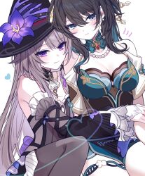 Rule 34 | 2girls, bare shoulders, bead necklace, beads, black pantyhose, breasts, cleavage, closed mouth, clothing cutout, detached sleeves, dress, expressionless, flower, g ieep, green eyes, hair between eyes, hashtag-only commentary, hat, hat flower, heart, herta (honkai: star rail), highres, honkai: star rail, honkai (series), jewelry, long hair, long sleeves, looking at viewer, multiple girls, necklace, pantyhose, purple eyes, purple flower, ruan mei (honkai: star rail), short sleeves, shoulder cutout, simple background, smile, the herta (honkai: star rail), thigh strap, white background, witch hat