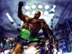 5boys bald craig_marduk dark-skinned_male dark_skin fingerless_gloves game_cg gloves green_shorts hand_on_another&#039;s_face imminent_punch kawano_takuji male_focus mixed_martial_arts multiple_boys muscular muscular_male octagonal_ring official_art shorts stage_lights tekken tekken_4