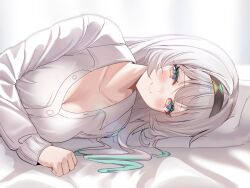 Rule 34 | 1girl, black hairband, blue eyes, blush, breasts, cleavage, closed mouth, collarbone, commentary request, devl ga aru, firefly (honkai: star rail), grey hair, hairband, highres, honkai: star rail, honkai (series), large breasts, long hair, looking at viewer, lying, on bed, on side, pillow, purple eyes, shirt, smile, solo, upper body, white background, white shirt