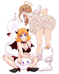 2girls :3 america_(hetalia) angel angel_and_devil angel_wings axis_powers_hetalia az0212 bad_id bad_pixiv_id bat_wings bear blonde_hair blue_eyes breasts canada_(hetalia) choker cleavage demon demon_girl dress earrings genderswap genderswap_(mtf) glasses halo heart high_heels horns jewelry kumajirou_(hetalia) legs long_hair looking_back medium_breasts multiple_girls open_mouth polar_bear shoes short_hair siblings sisters skirt smile spread_legs tail wings