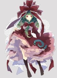 1girl :&lt; blunt_bangs boots bow brown_footwear commentary dress frilled_ribbon frills full_body green_hair hair_bow hair_ribbon highres holding kagiyama_hina long_hair long_sleeves nikorashi-ka petticoat puffy_long_sleeves puffy_sleeves red_bow red_dress red_eyes red_ribbon ribbon sidelocks skirt skirt_hold spiral touhou wide_sleeves