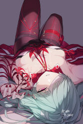 1girl absurdres armpits bandage_over_one_eye bandaged_arm bandages breasts callu_jy cleavage collarbone commentary dress english_commentary flower grey_background grey_hair halter_dress halterneck highres holding holding_flower knees_up looking_at_viewer lying medium_breasts on_back pantyhose parted_lips phrolova_(wuthering_waves) red_dress red_eyes red_pantyhose solo spider_lily wuthering_waves